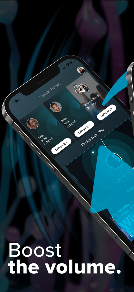 Smartphone screen displaying the AmpMe app interface with options to join friends music parties and boost volume