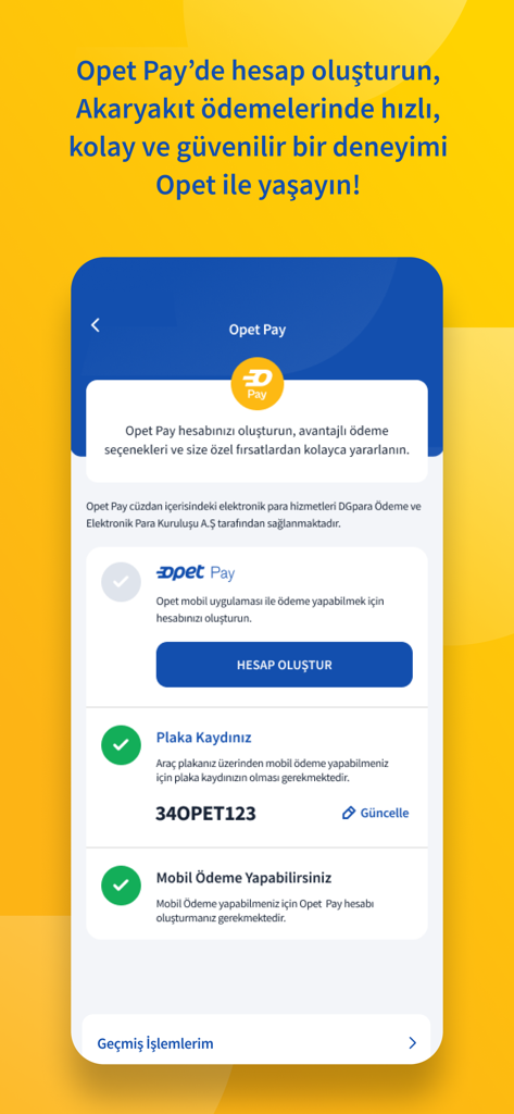 Opet Mobil app interface for Opet Pay account creation and license plate registration