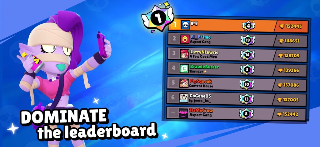 Brawl Stars character Emz taking a selfie next to a competitive player leaderboard