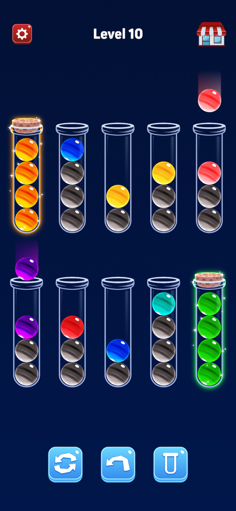 Ball Puzzle - Color Sorting - Gameplay screenshot of Ball Puzzle Color Sorting level 10 with colored balls in tubes