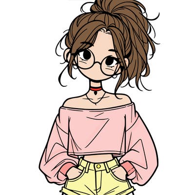 girl with a messy ponytail glasses a baggy crop top and jean shorts