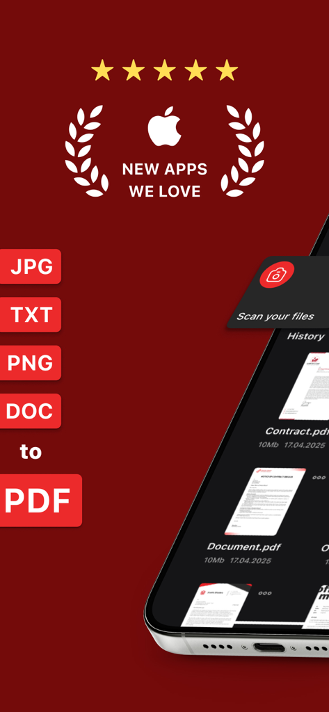PDF Makerアプリが表示されたiPhone。書類のスキャンおよびファイル変換オプションがPDF形式で表示されている。