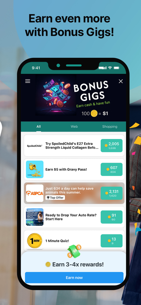 Surveys On The Go - Surveys On The Go mobile app interface showing various bonus gig opportunities to earn cash and coins.