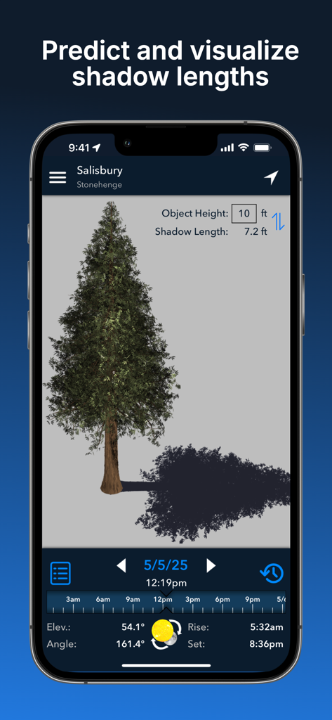 Lumos: Sun and Moon Tracker - Interface de l'application Lumos démontrant la prédiction et le calcul de la longueur d'ombre 3D pour un arbre