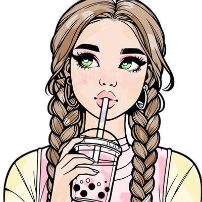 realistic girl with braided hair drinking boba