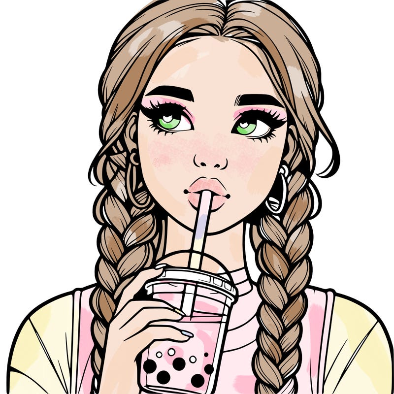realistic girl with braided hair drinking boba