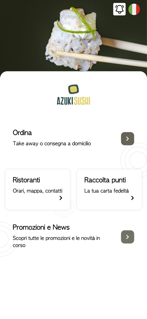 Azuki Sushi - Interfaz de la aplicación Azuki Sushi con opciones de menú para pedidos, puntos de fidelidad y ubicaciones de restaurantes