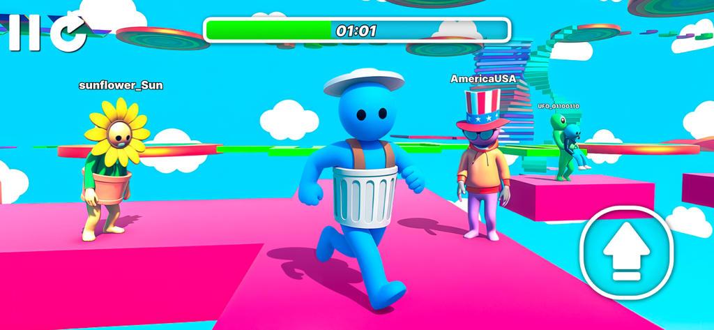 Mega Obby - Parkour Fun Run 3D - Customized avatars navigating a vibrant 3D parkour obstacle course