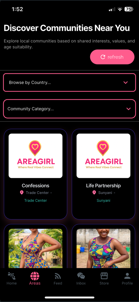 Area Girl - Interface de l'application mobile Area Girl montrant la découverte de communautés et des groupes basés sur les intérêts.