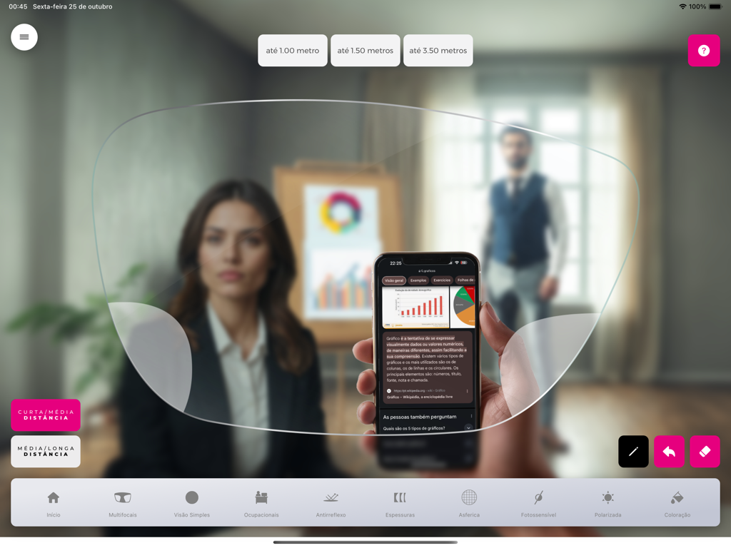 GaVision app interface showing a progressive lens visual simulation for short and medium distances on an iPad