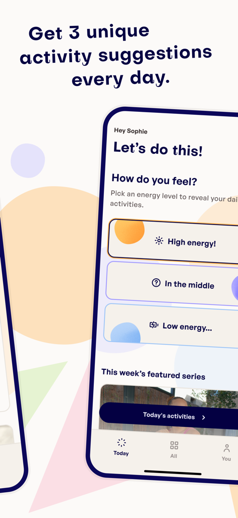 Mila by Camilla Lorentzen - Mila app interface showing daily activity suggestions based on three energy levels high in the middle and low