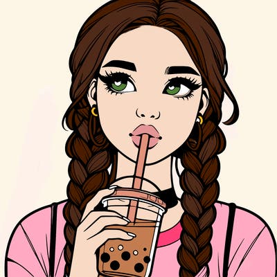 realistic girl with braided hair drinking boba