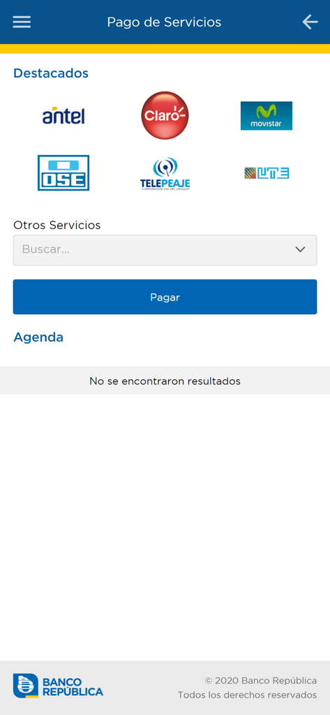 Interface of App eBROU showing bill payment options for services like Antel and OSE in Uruguay