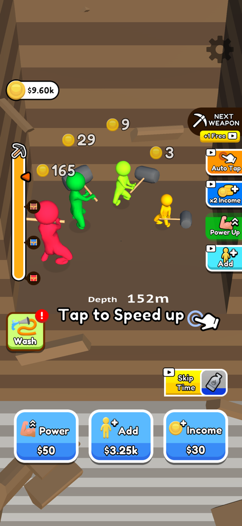 Dig Dig ASMR - Gameplay of Dig Dig ASMR showing three characters digging a hole with upgrade options at the bottom.