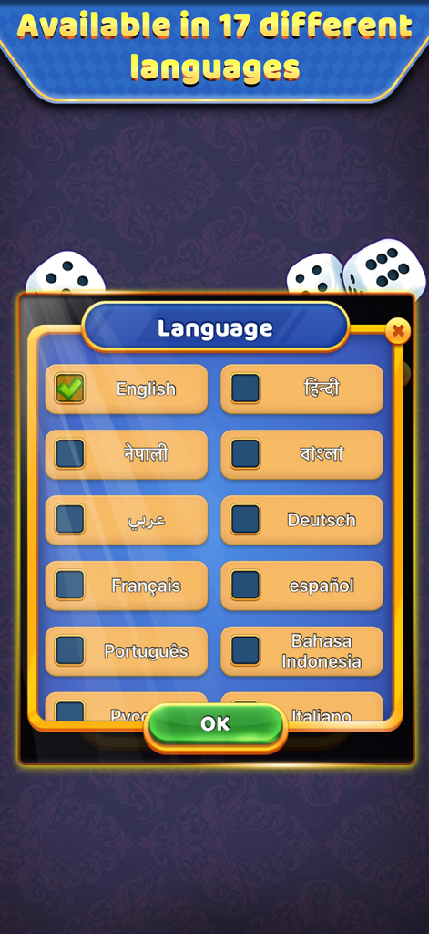 Ludo Offline: Dice Board Game - Ludo Offline game menu displaying language options including English Hindi and Spanish