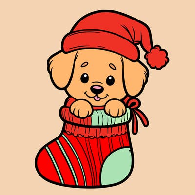 cute puppy wearing santa hat in socking