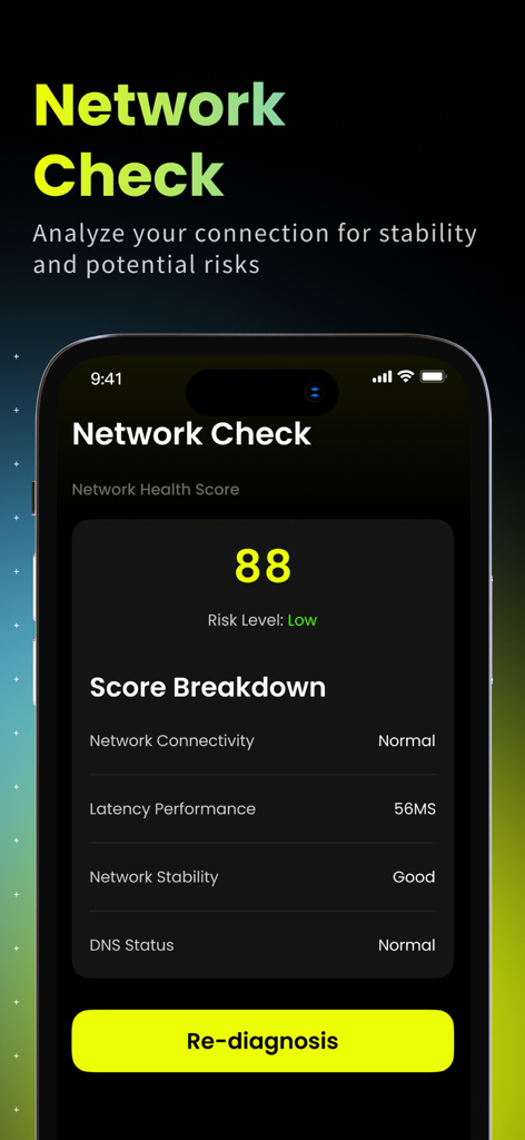VPN - Fast VPN Lite master - A mobile screen showing a network health score of 88 with detailed metrics for latency, stability, and connectivity.