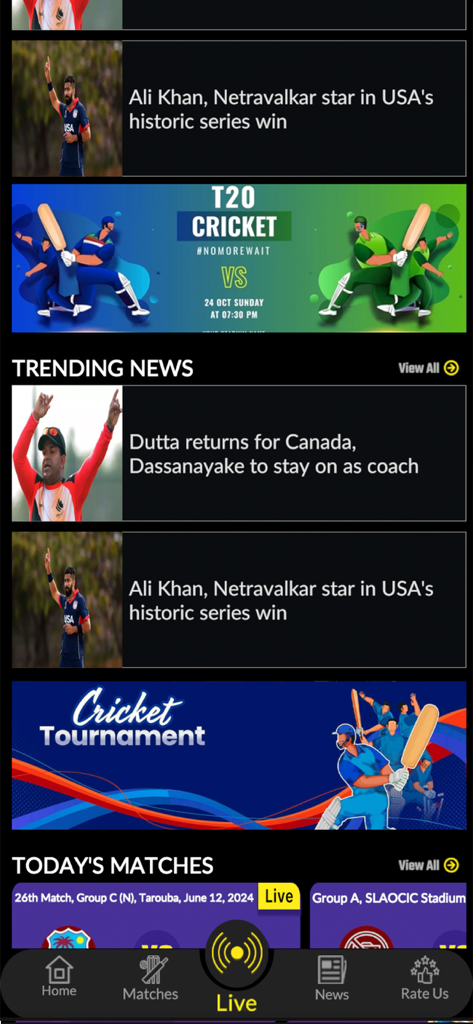 Interface of Ten Sports app featuring cricket news highlights and live match schedules