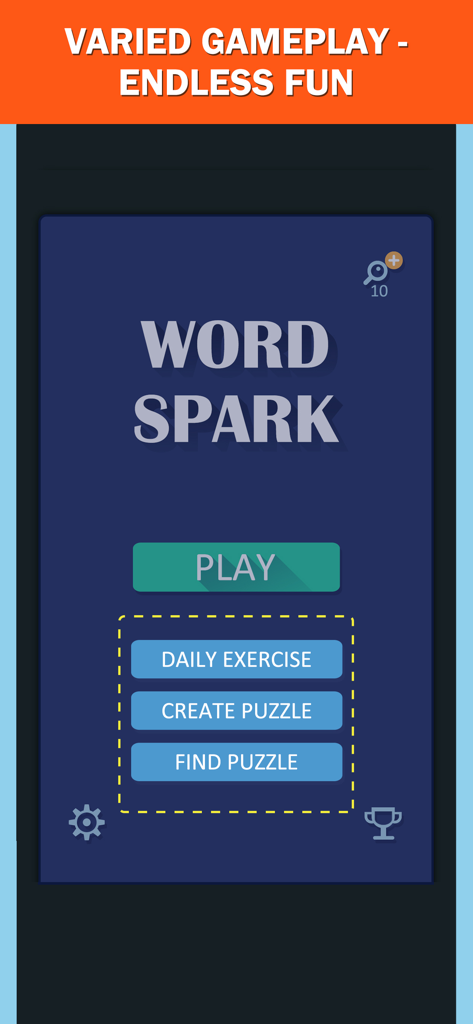 Home screen of Word Spark word game featuring Play and Daily Exercise buttons.