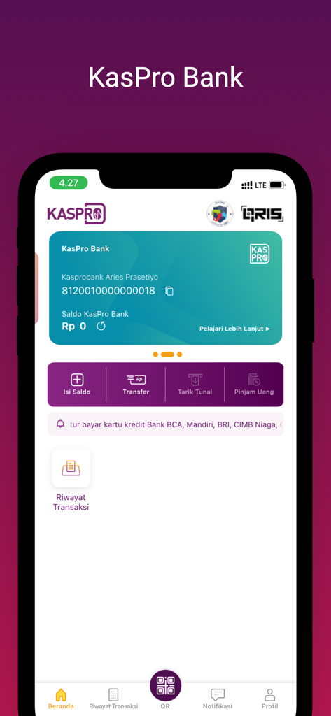 KasPro - Interface móvel do aplicativo KasPro mostrando o saldo da carteira digital e menu para recarga e transferência
