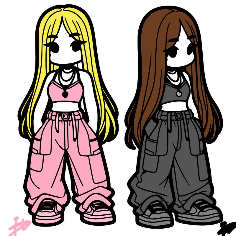 girl in baggy pants crop top and long hair