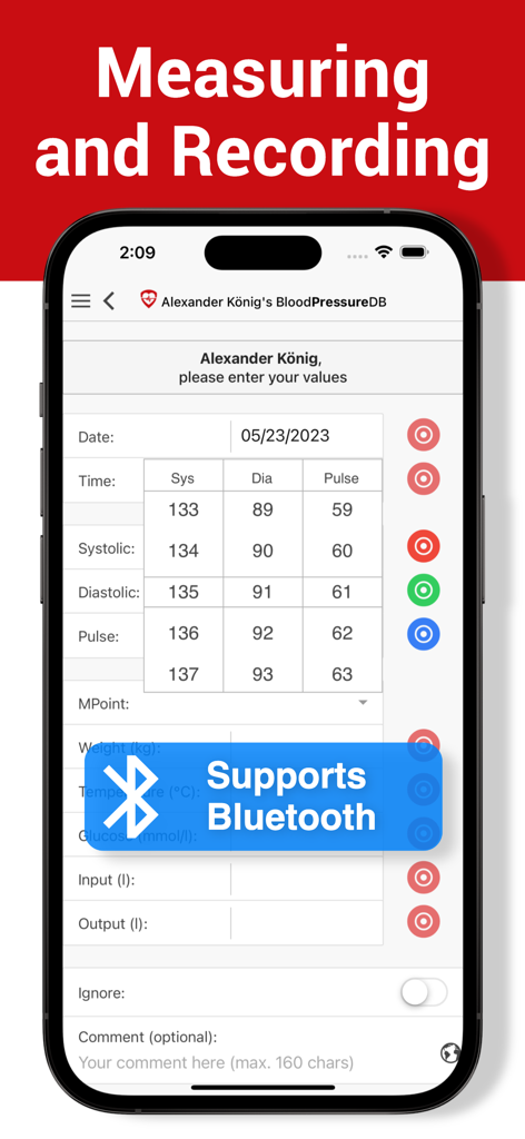 Blood Pressure DB - Log, Check - Blutdruck DB App-Bildschirm zur Protokollierung von Gesundheitsmetriken mit Bluetooth-Unterstützung