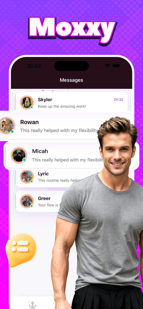Moxxy - Moxxyアプリのインターフェース。コミュニティメッセージと、ヨガに関するサポート的なフィードバックが表示されています。