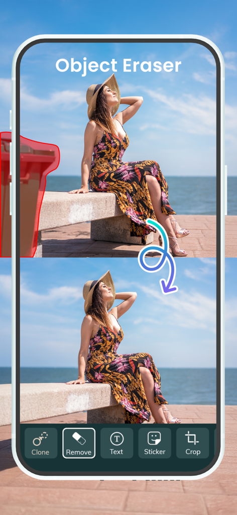 Object Remover : Remove People - Before and after comparison of a photo using the Object Remover app to delete an unwanted background object