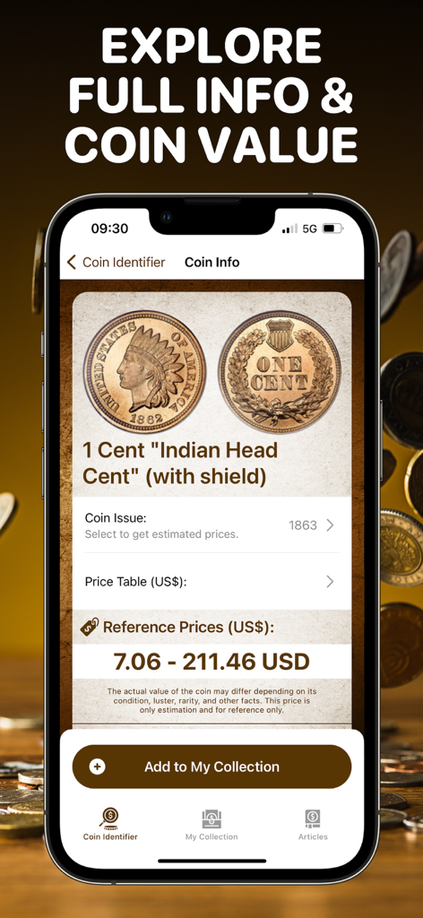 Coin Value Checker - Una captura de pantalla de la aplicación Coin Value Checker que muestra el precio de un centavo Indian Head de 1882.