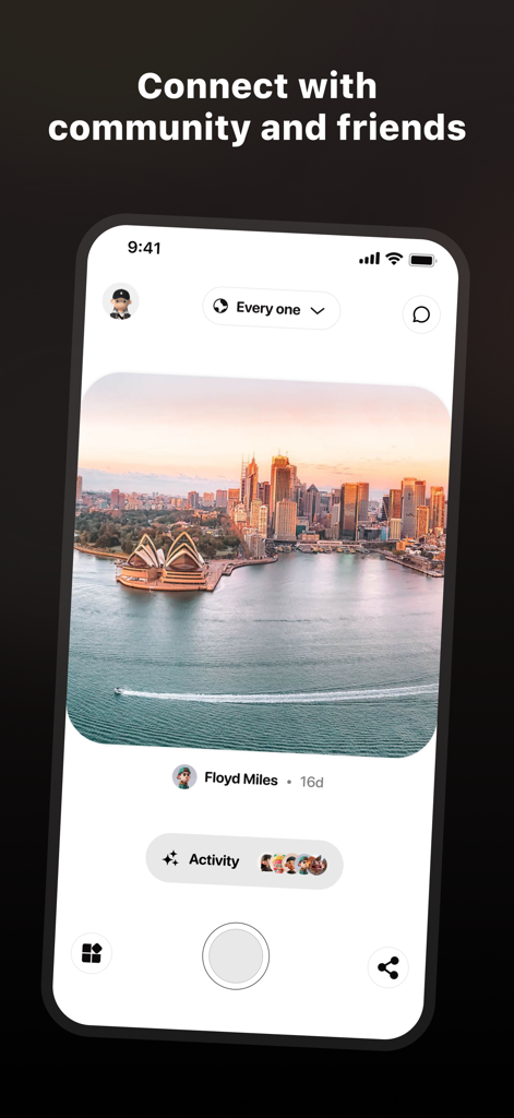 Camera Go - A photo of the Sydney Opera House shared by a user on the Camera Go community feed displaying social engagement features.