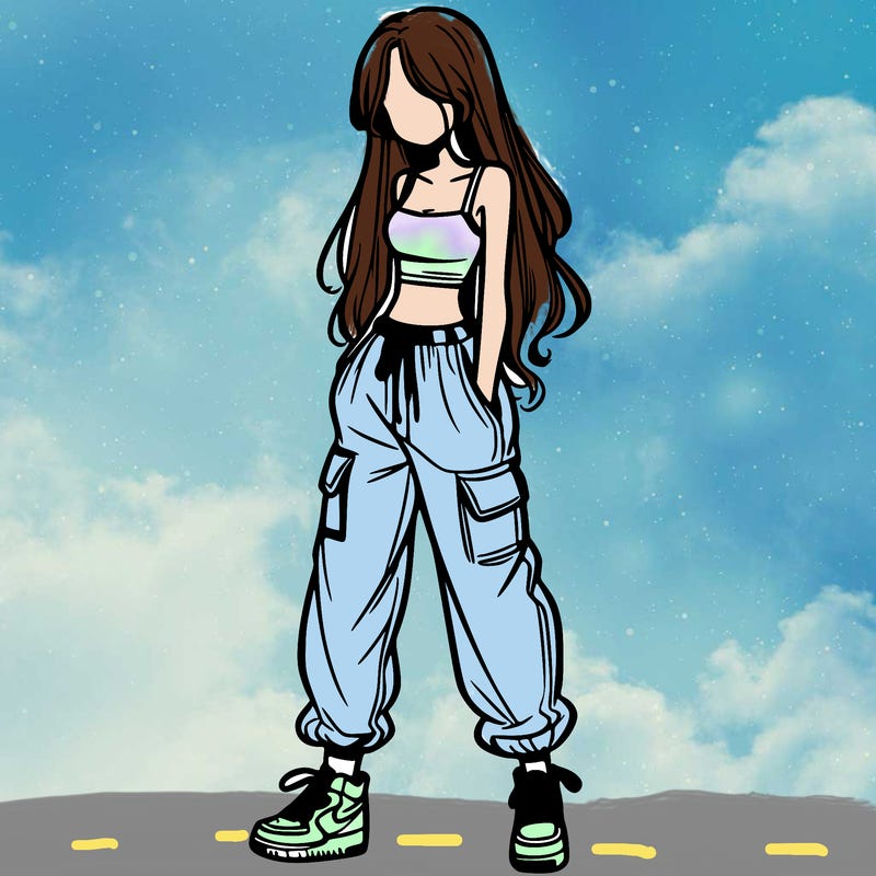 girl in baggy pants crop top and long hair