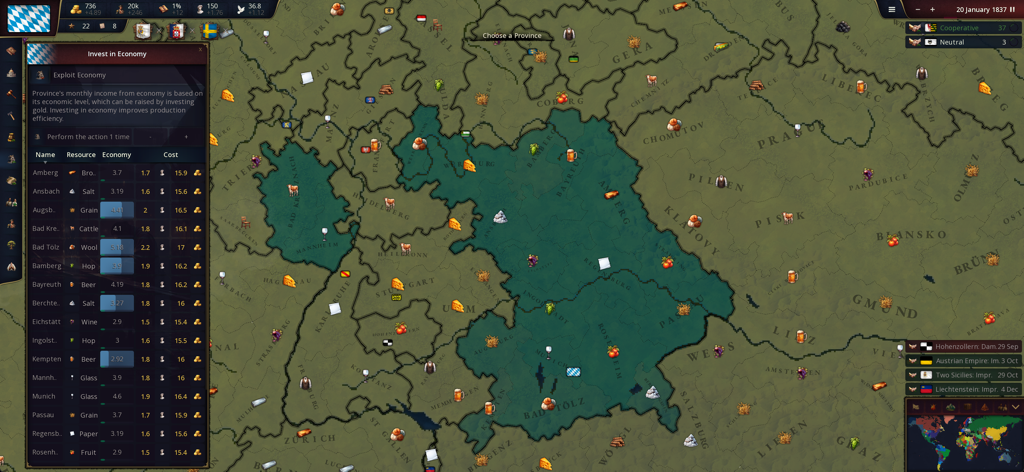 Juego de Age of History 3 que muestra el menú de inversión económica en un mapa detallado.