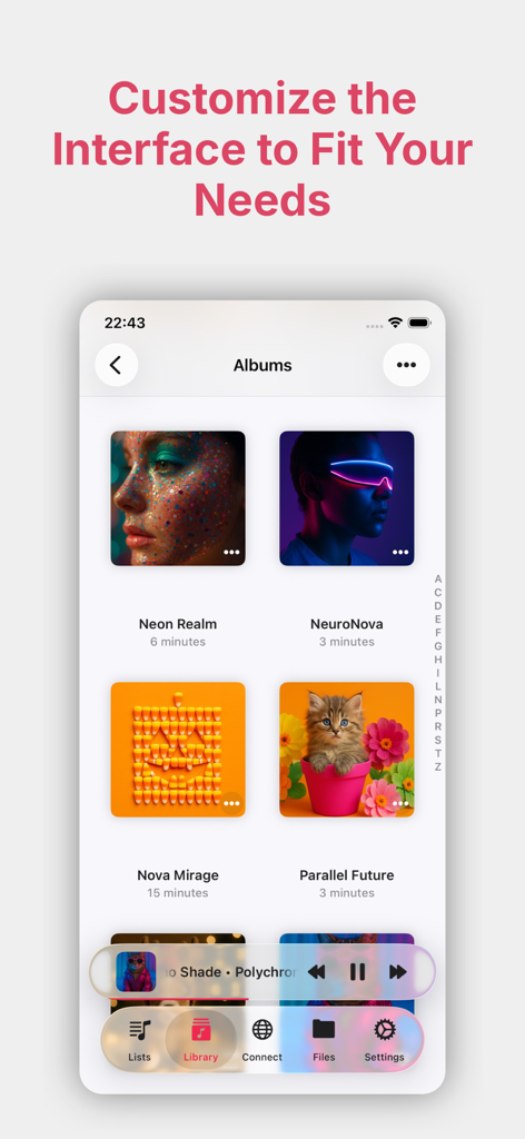 Interface do reprodutor de música Evermusic Pro mostrando a biblioteca de álbuns e a barra de navegação
