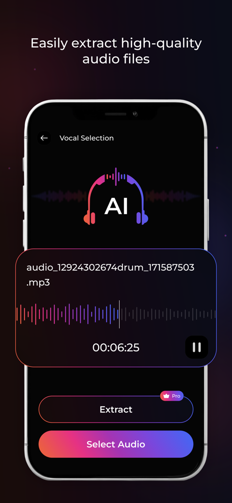 Smartphone-Oberfläche der Vocal Remover AI App zeigt eine hochqualitative Audioextraktionsfunktion mit Wellenformanzeige