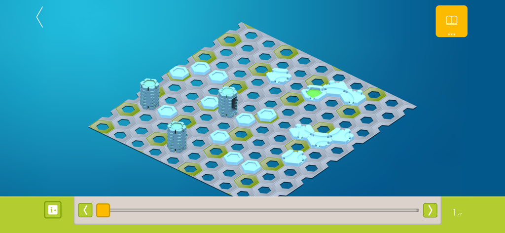 Schermata dell'app GraviTrax che mostra un progetto di pista digitale su una base esagonale con tessere di costruzione