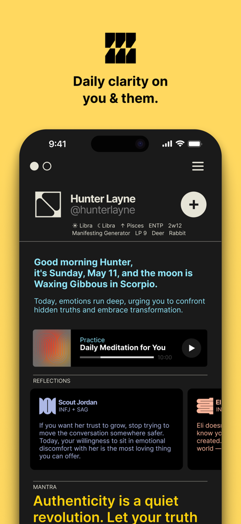Mirror Personality + Astrology - Panel diario de la aplicación Mirror que muestra información personalizada de astrología y personalidad