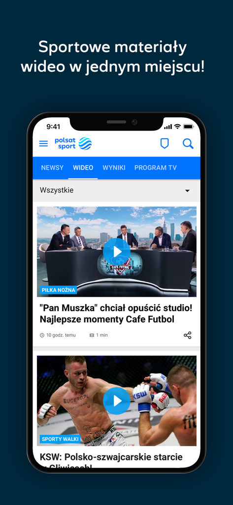 Polsat Sport app video section showing soccer and MMA highlights