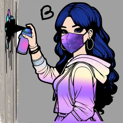 realistic girl with mask spray painting a wall