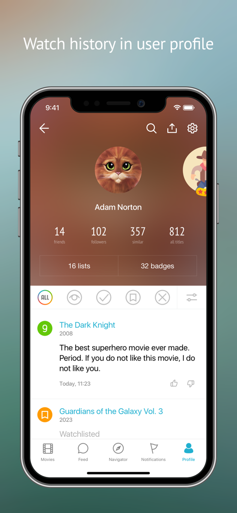 Kinorium: All movies and shows - Schermata del profilo utente dell'app Kinorium che mostra le valutazioni dei film, la cronologia di visione e le statistiche sociali.