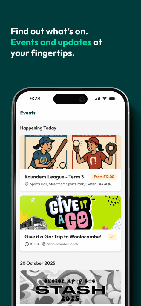 MyExeter - Mobile screenshot of the MyExeter app events page showing upcoming student activities and campus news