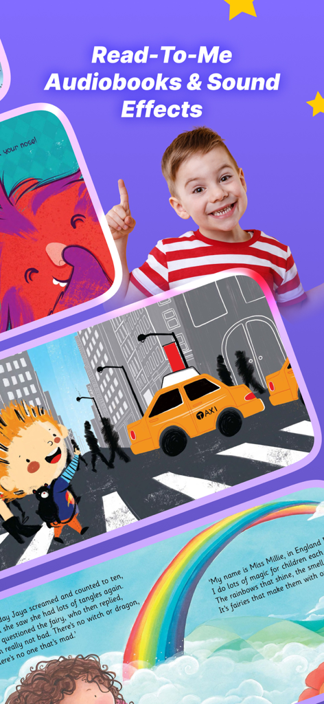 MagicBlox: Reading Books - A smiling boy next to colorful children's book illustrations featuring audiobooks and sound effects in the MagicBlox app