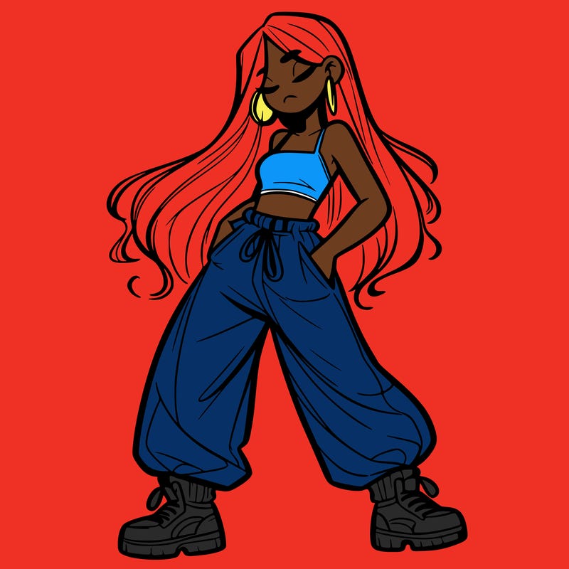girl in baggy pants crop top and long hair