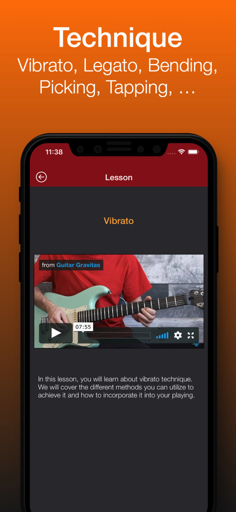 Guitar Gravitas: Total ed. - ビブラートテクニックのビデオレッスンを表示するGuitar Gravitasアプリのスクリーンショット