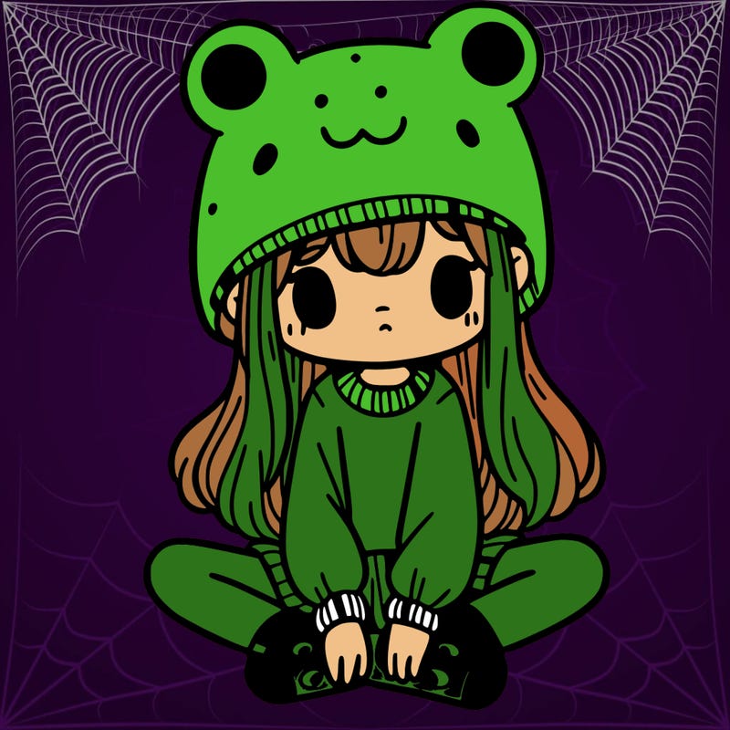 a girl wearing a frog hat and some frog socks
