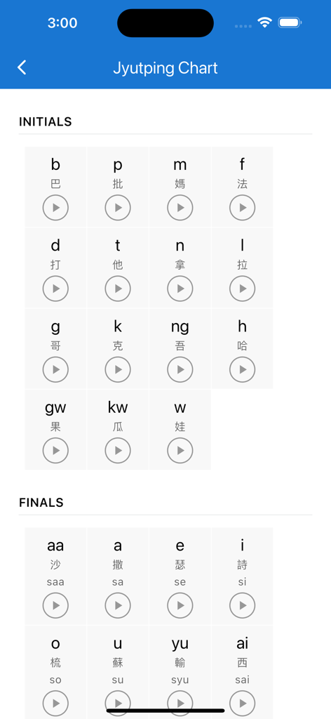 Learn Cantonese: CantoWise - A Jyutping chart in the CantoWise app displaying Cantonese initials and finals with play buttons for audio pronunciation.