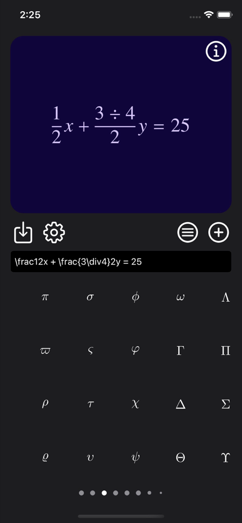 Latex Equation Editor app interface displaying a rendered mathematical formula and a library of Greek letters and symbols