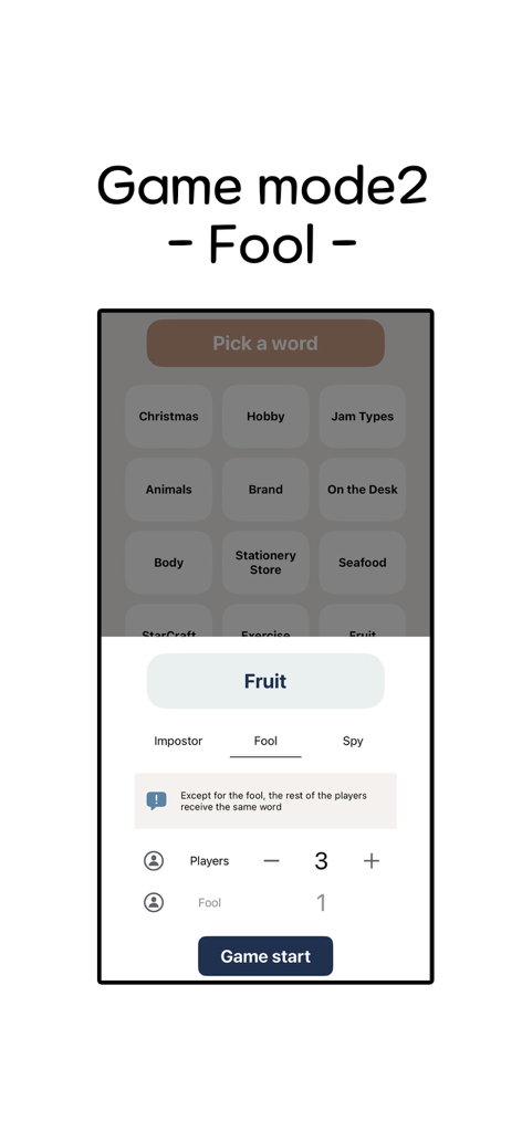 Pantalla de configuración para el modo de juego Tonto en la aplicación de deducción social Impostor que muestra la selección de categoría y la configuración del jugador