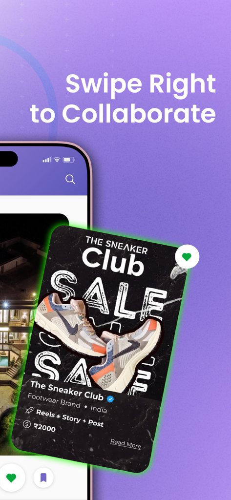 Influish: Influencer Marketing - フットウェアブランドのキャンペーンカードを特徴とし、コラボレーションするためにスワイプするInfluishモバイルアプリインターフェース。