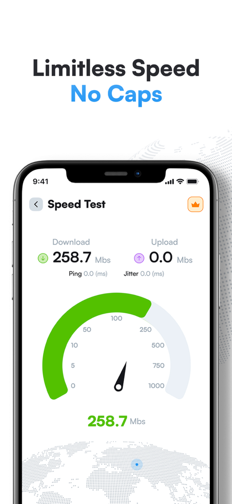 Interface of VPN Express showing a speed test result with high download speed and no data caps