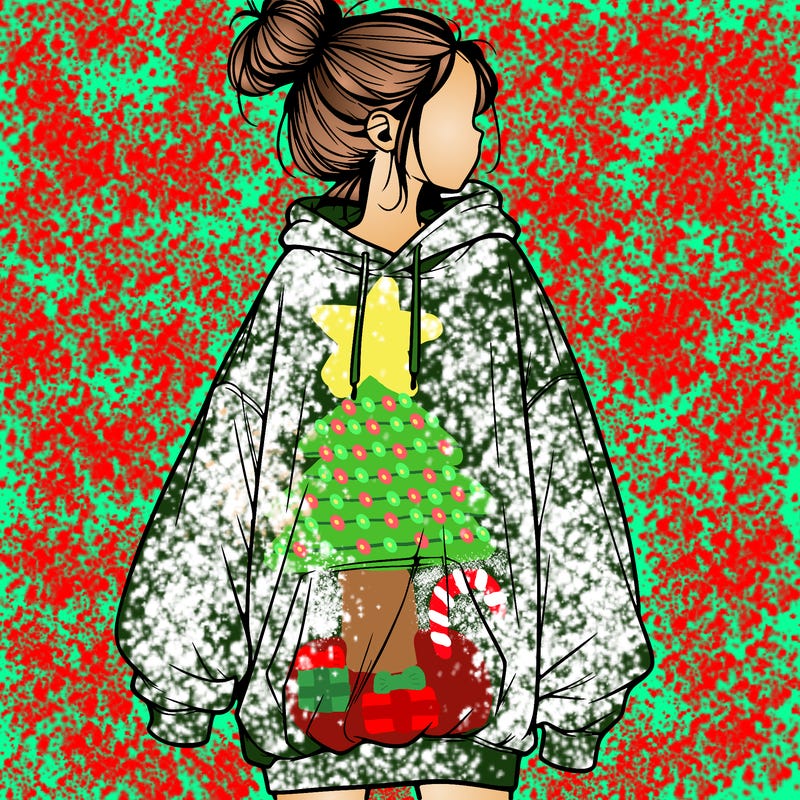 realistic girl with a oversized sweatshirt on and a bun